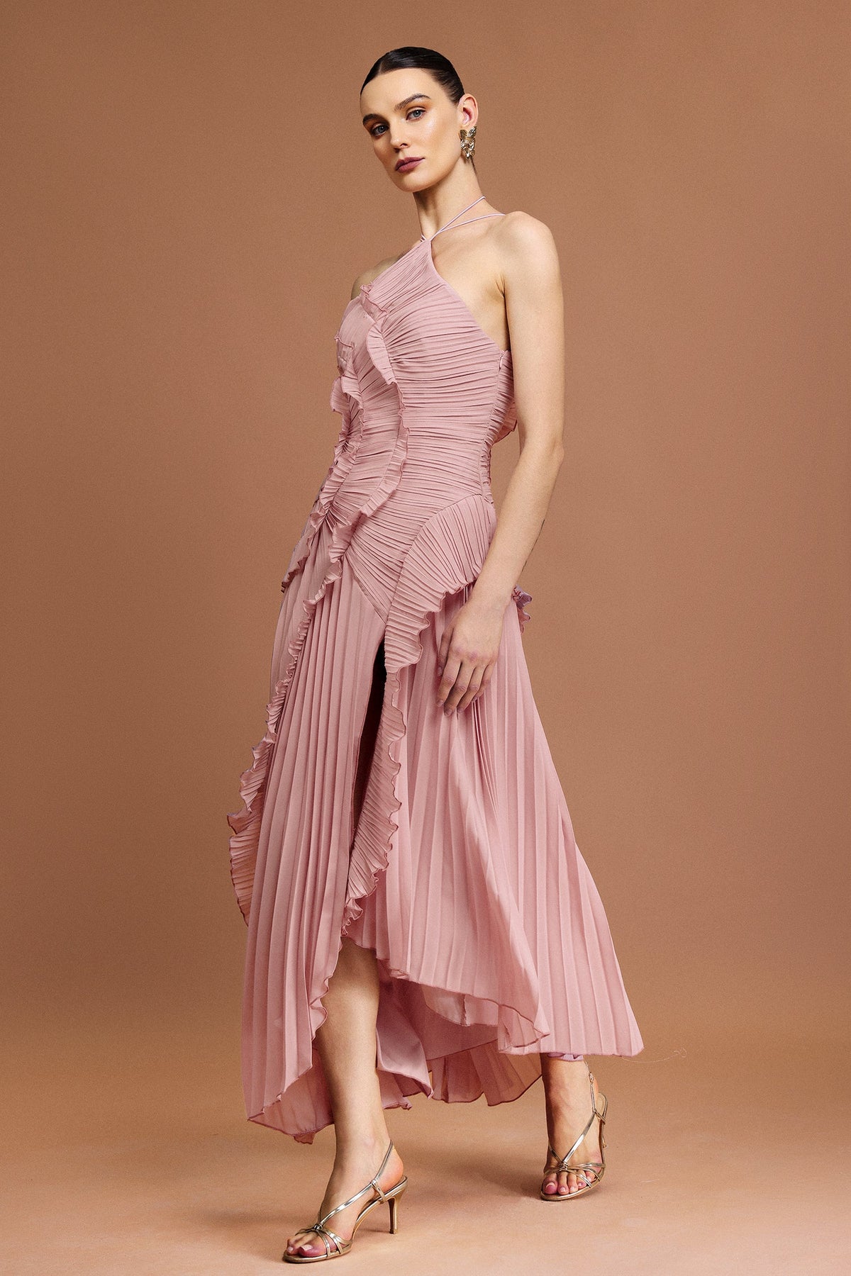 alva Sleeveless Folds Slit Maxi Dress in light pink