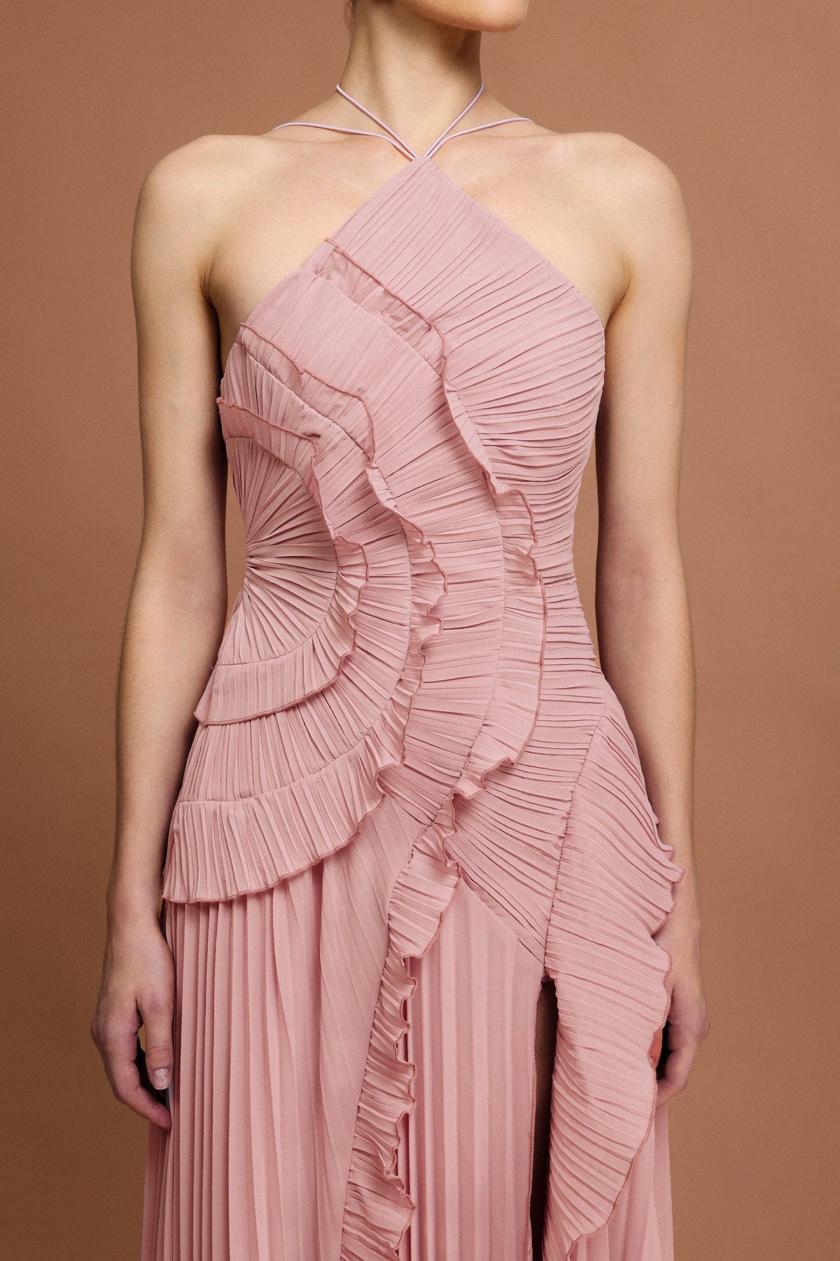 alva Sleeveless Folds Slit Maxi Dress in light pink