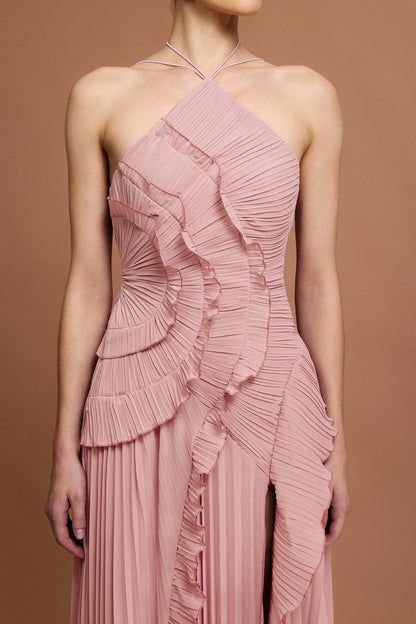 alva Sleeveless Folds Slit Maxi Dress in light pink