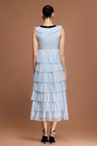 V-Neck Sleeveless Bowknot Folds Dot Printed Midi Dress