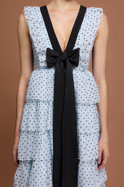 V-Neck Sleeveless Bowknot Folds Dot Printed Midi Dress