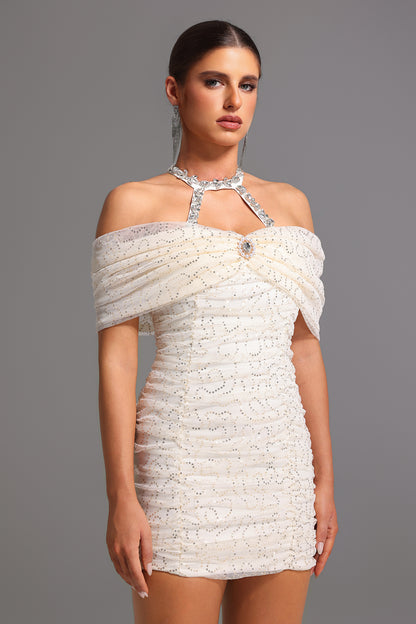 joa Halter Off-The-Shoulder Bow Mini Dress in apricot