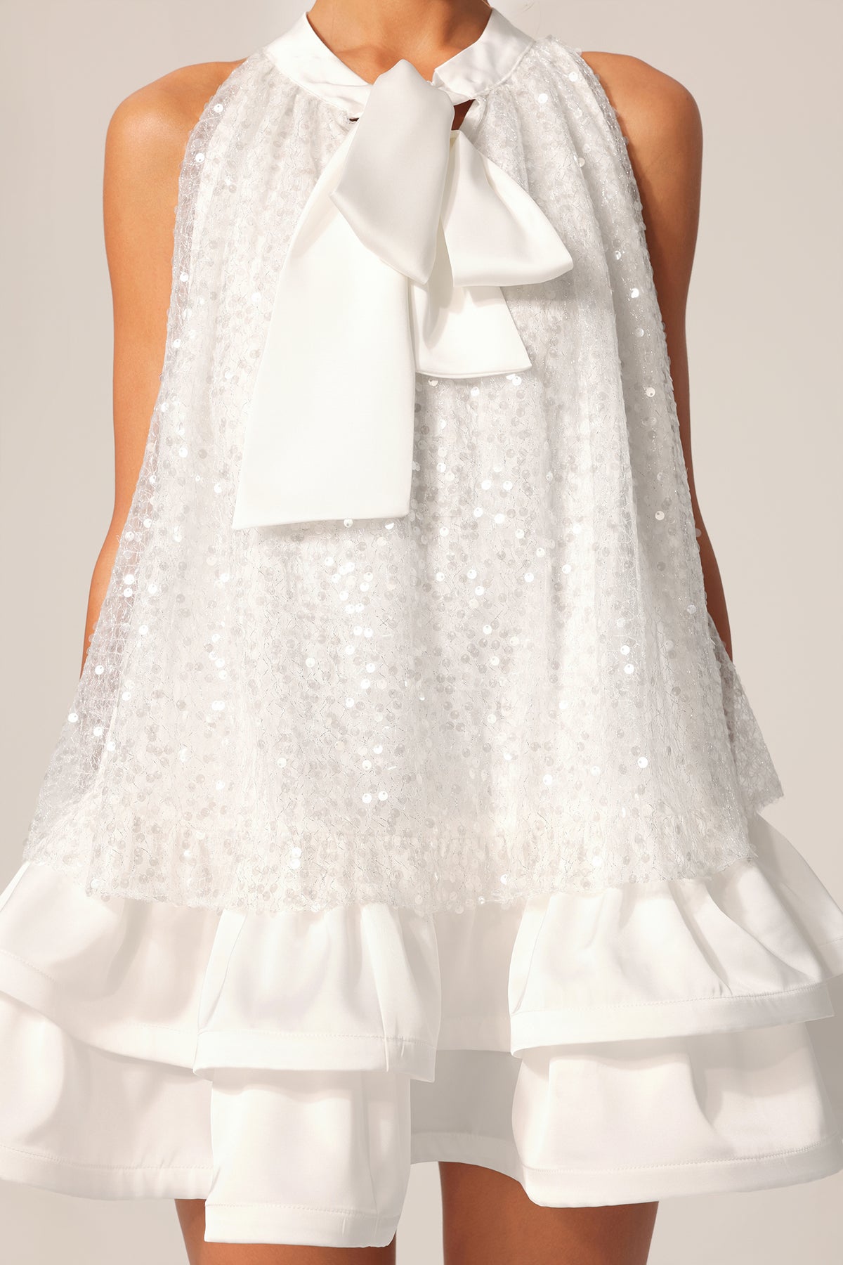 gemma sequin Sleeveless Bowknot Mini Dress in white