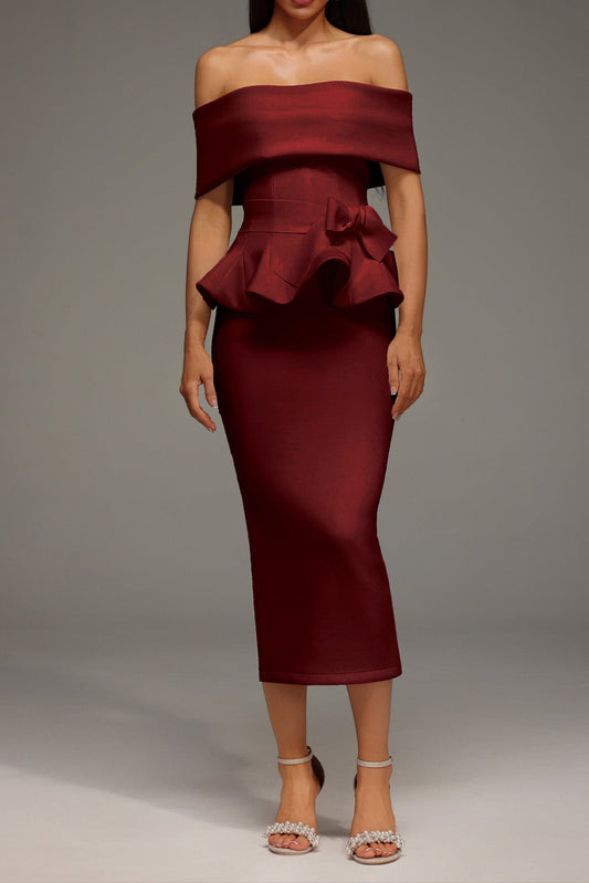 Eleanore Off The Shoulder  Ruffled Edge Red Midi Dress