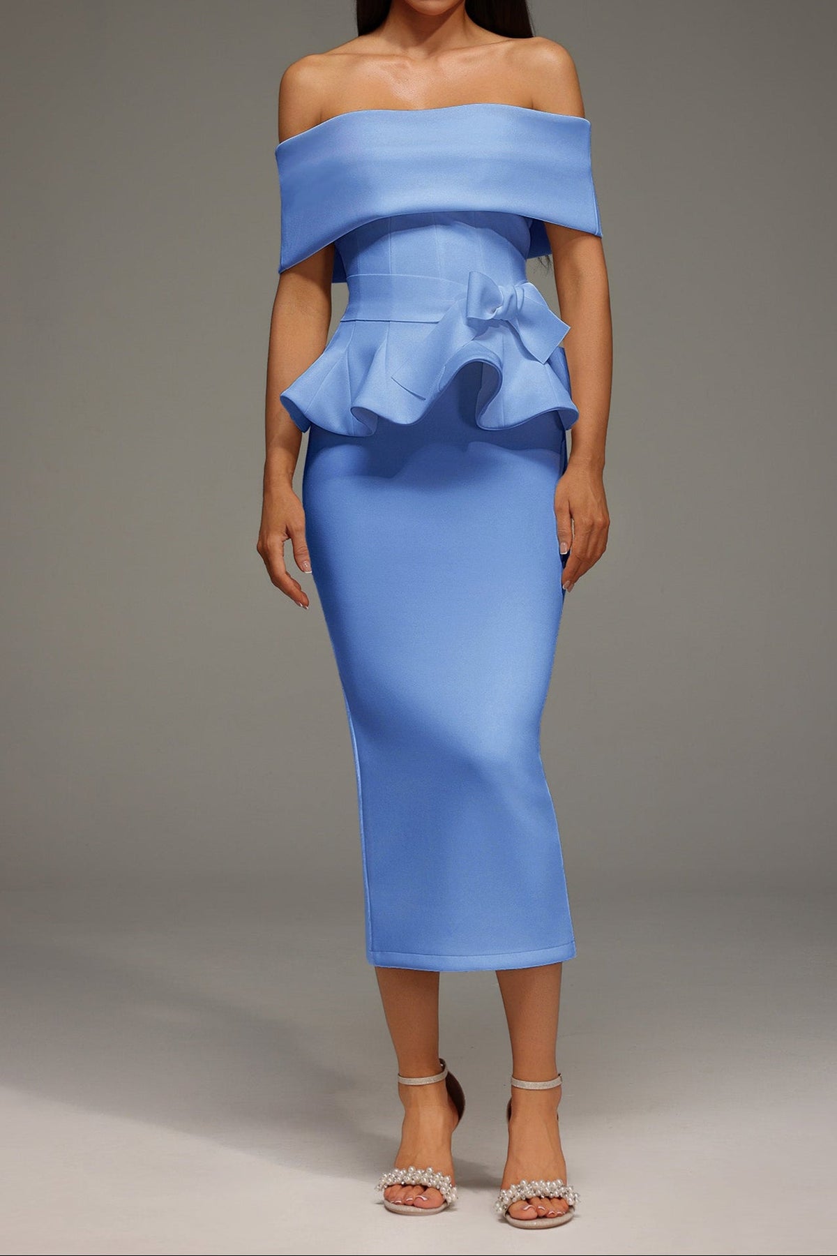 Eleanore Off The Shoulder  Ruffled Edge Blue Midi Dress