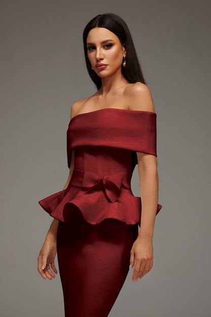 Eleanore Off The Shoulder  Ruffled Edge Red Midi Dress