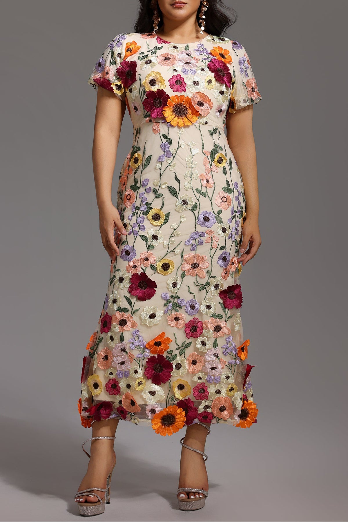 Naya Short Sleeve Round Neck Flowers Fishtail Midi Dress
