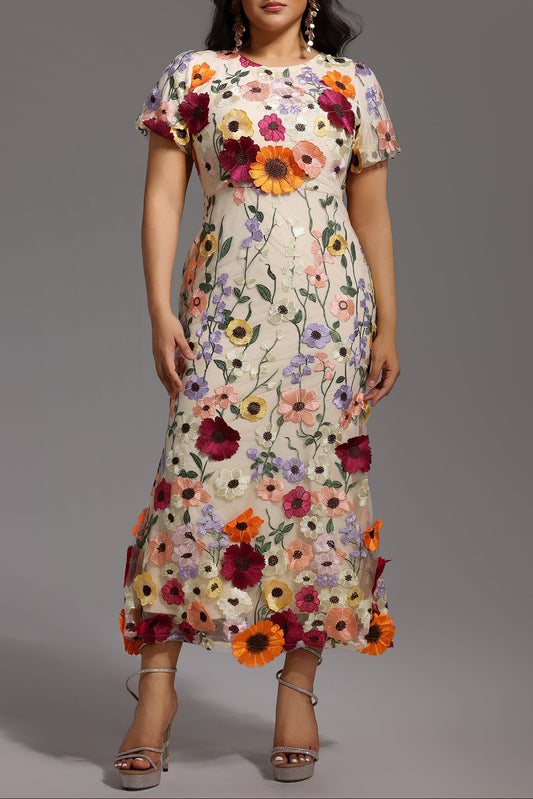 Naya Short Sleeve Round Neck Flowers Fishtail Midi Dress
