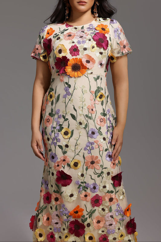 Naya Short Sleeve Round Neck Flowers Fishtail Midi Dress