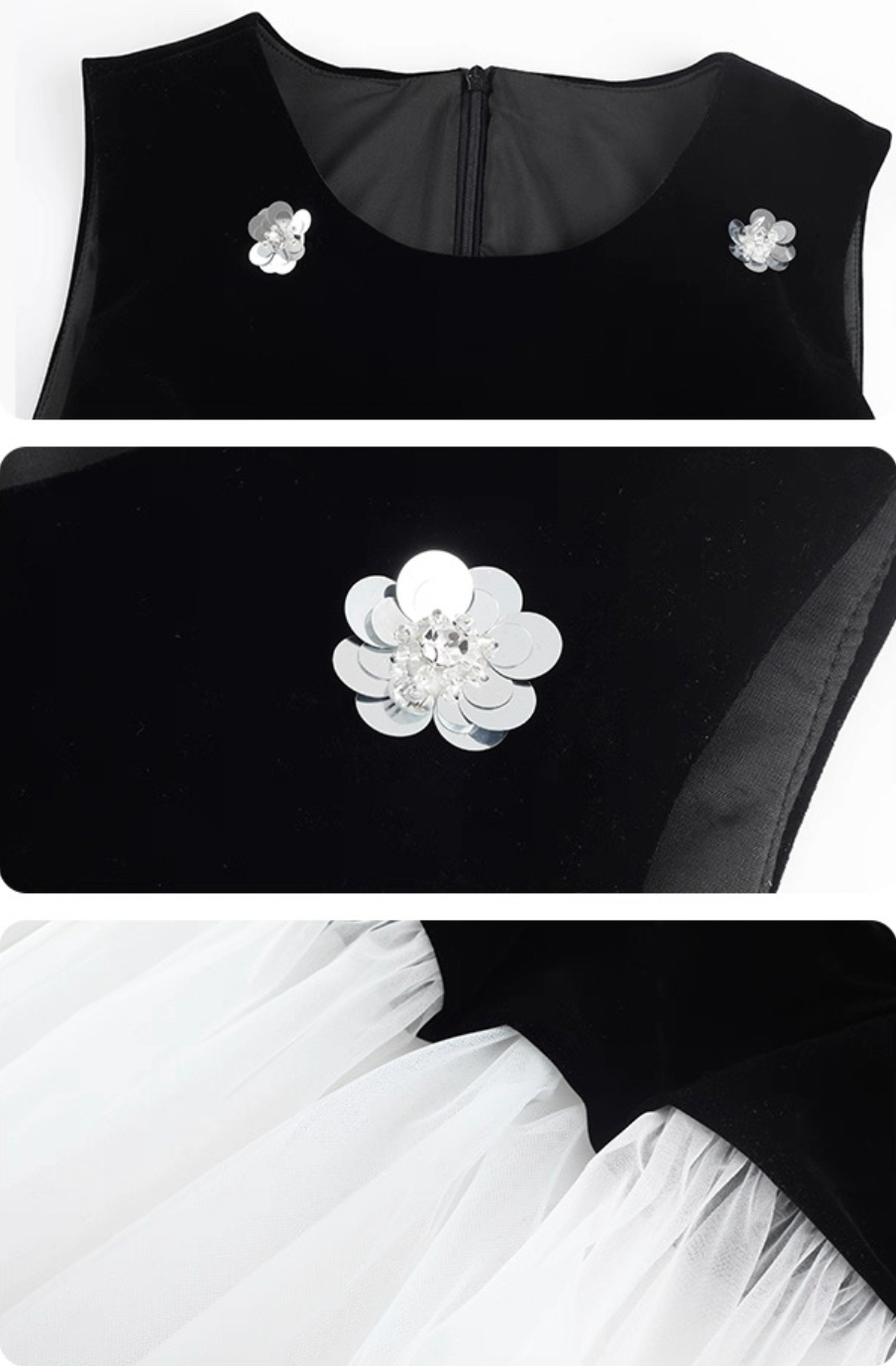 Black top with floral embellishments and white skirt