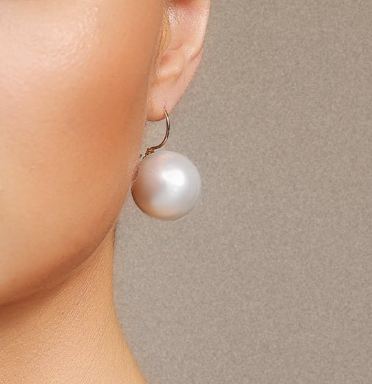 Large Round Pearl Gold Huggie Drop Earrings