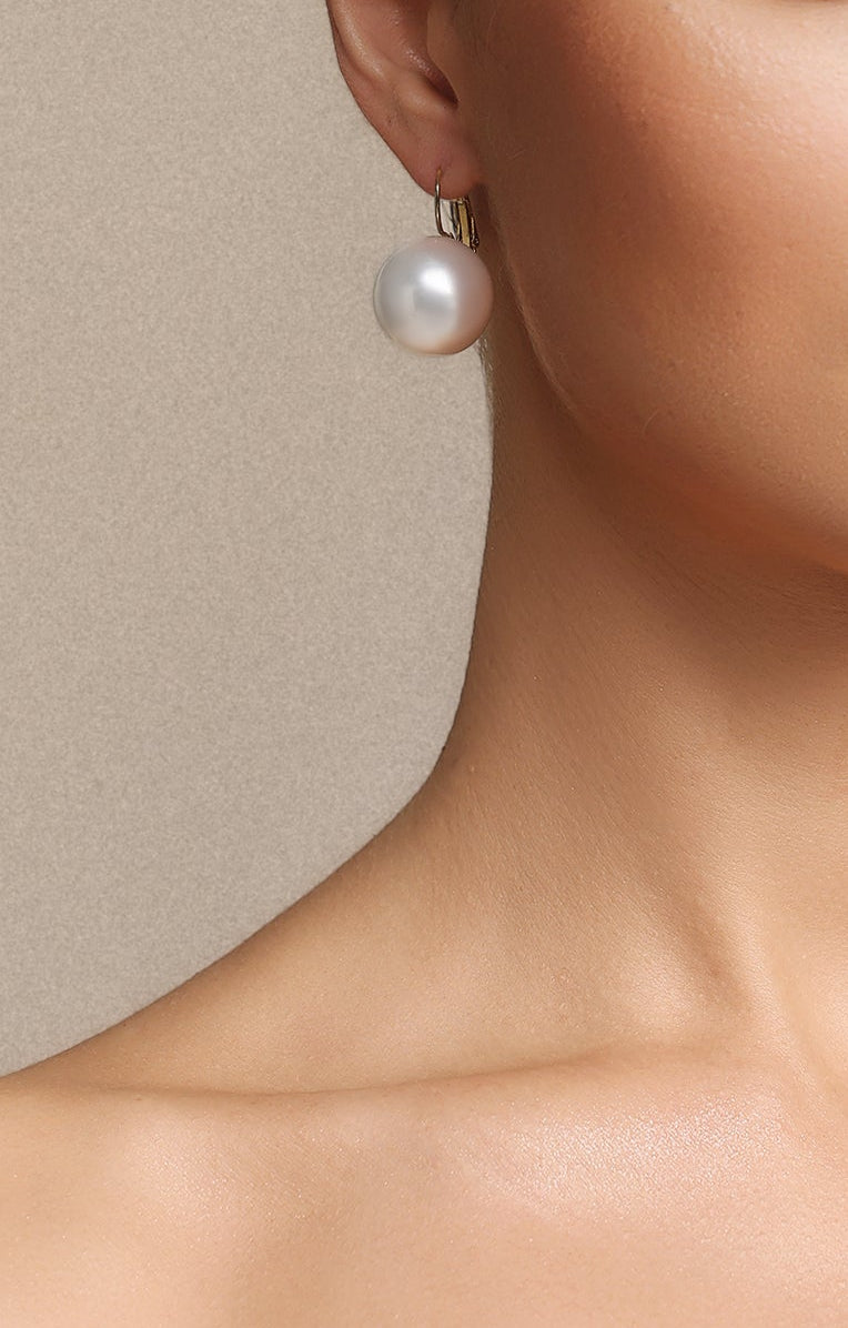 Large Round Pearl Gold Huggie Drop Earrings