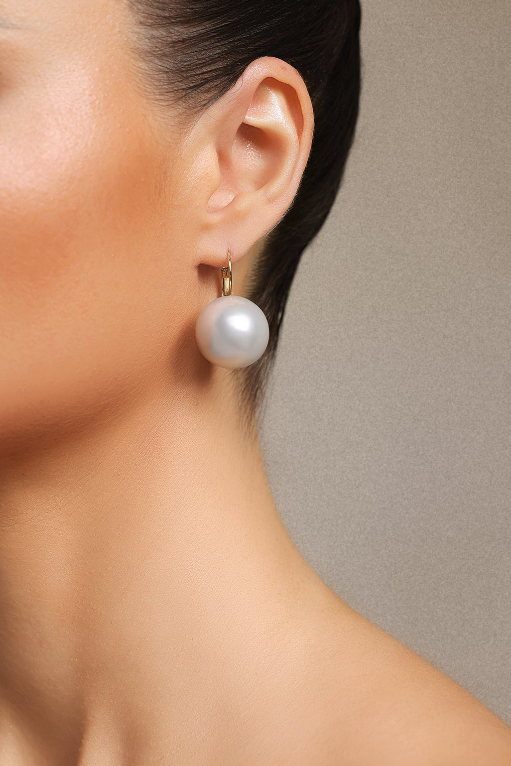 Large Round Pearl Gold Huggie Drop Earrings