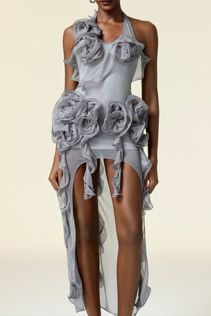 melissa grey Flower Asymmetric Folds Streame Mini Dress