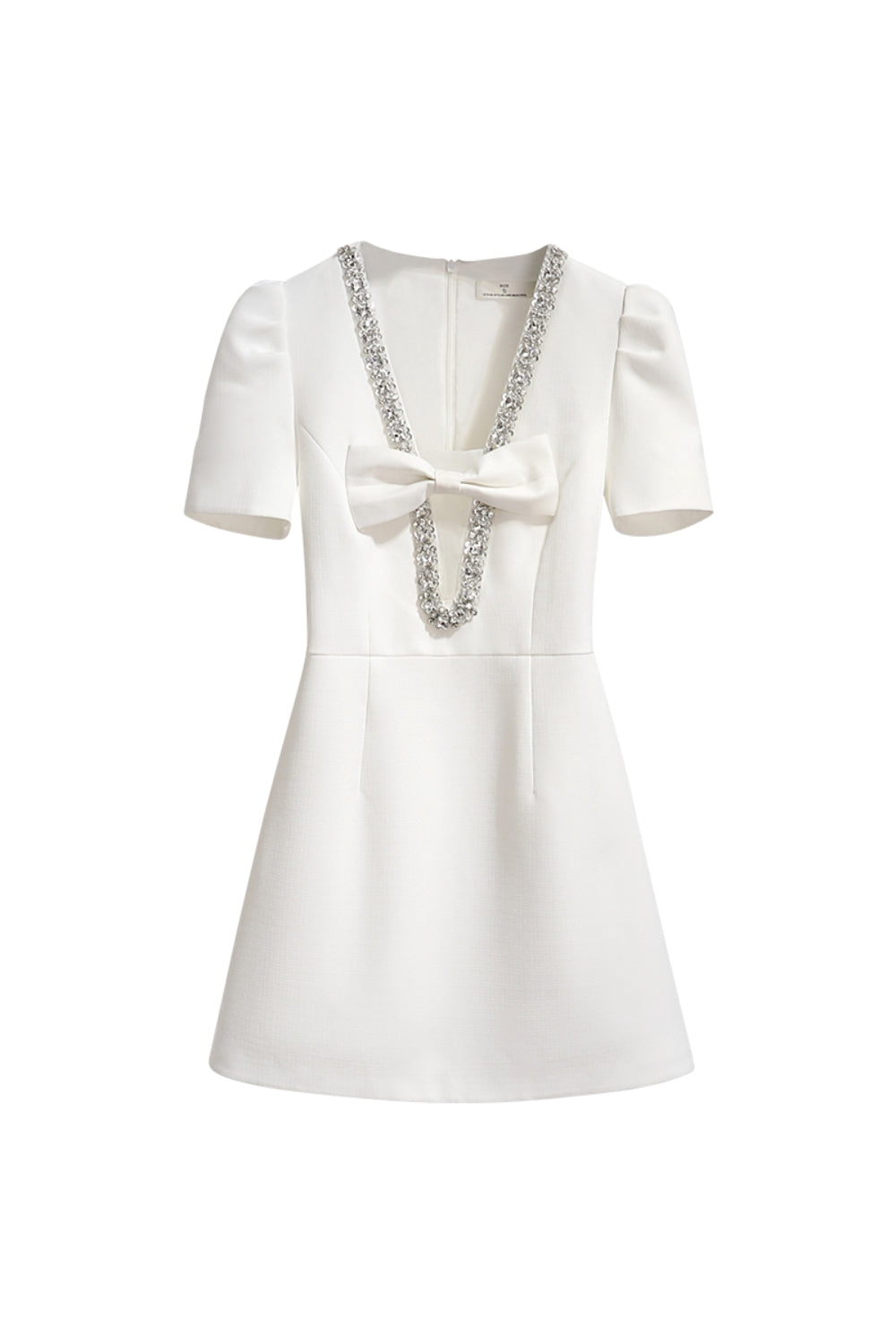 V-neck diamond chain bow mini dress in ivory