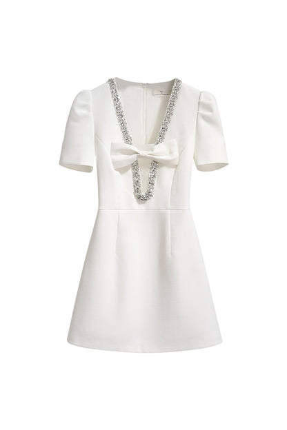 V-neck diamond chain bow mini dress in ivory