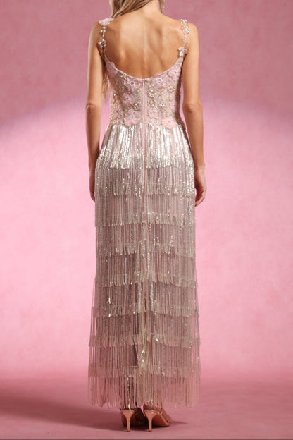 Opala Sleeveless Flowers Diamond Tassels Maxi Dress