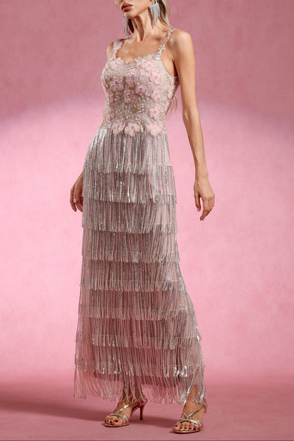 Opala Sleeveless Flowers Diamond Tassels Maxi Dress