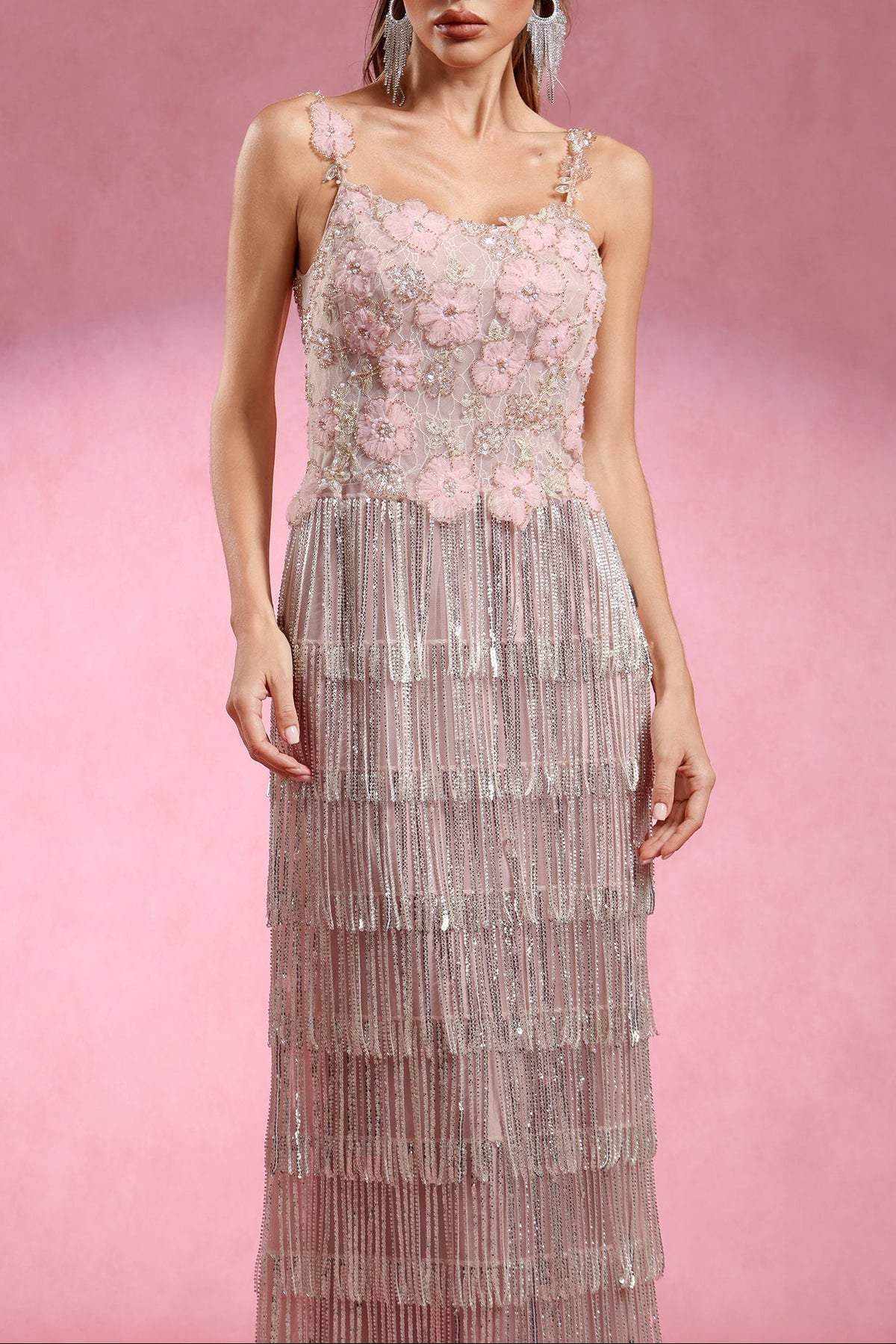 Opala Sleeveless Flowers Diamond Tassels Maxi Dress