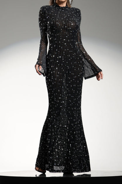 Gilian Long Sleeves High Neck Diamond Maxi Dress