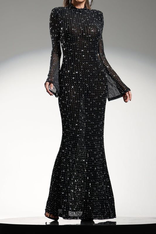 Gilian Long Sleeves High Neck Diamond Maxi Dress