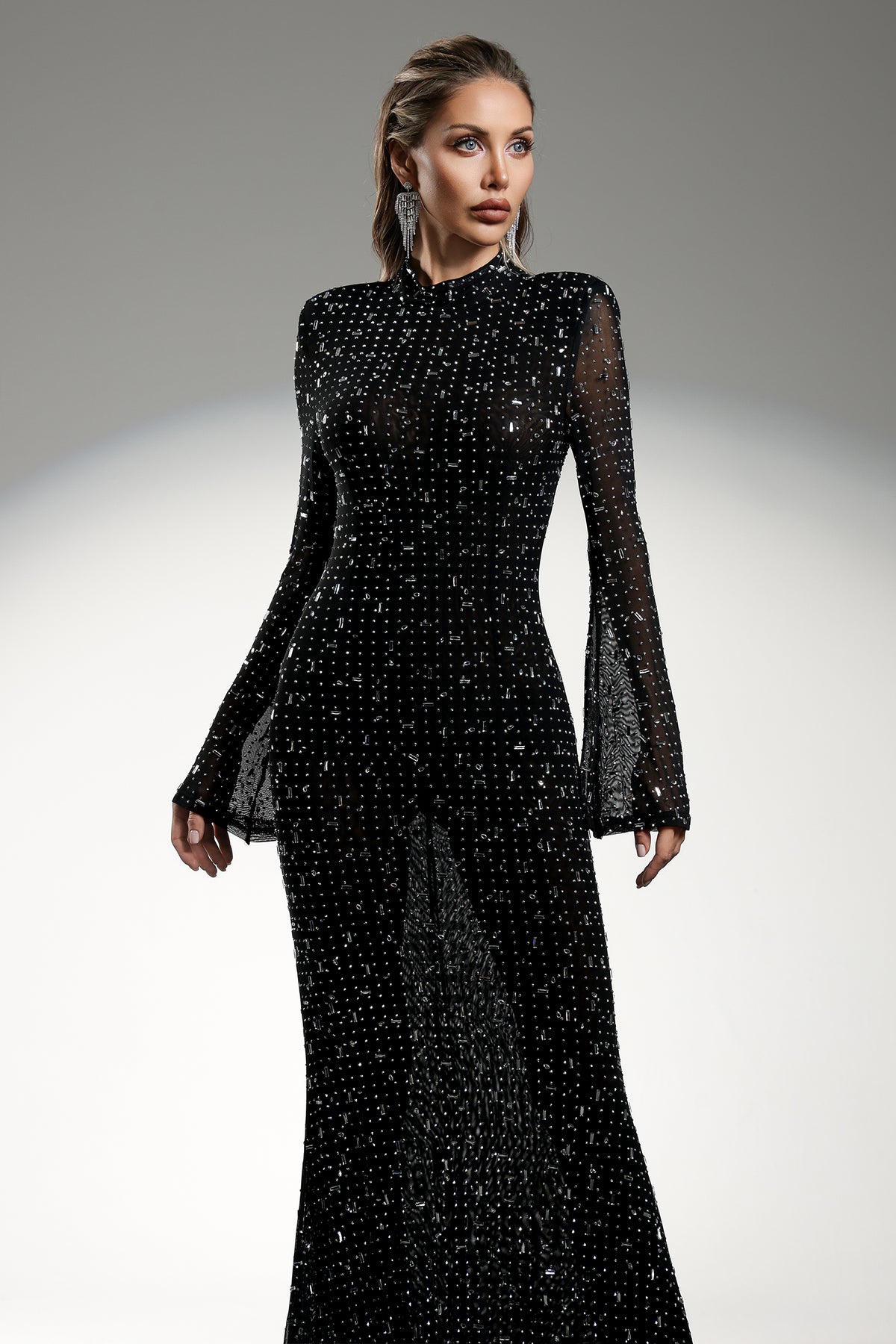 Gilian Long Sleeves High Neck Diamond Maxi Dress