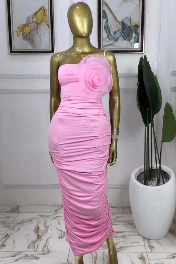 IDRA STRAPLESS FLOWER RUCHED MAXI DRESS IN PINK