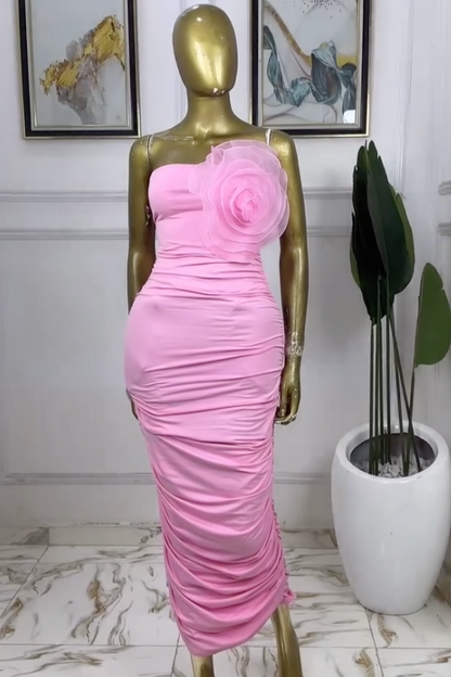IDRA STRAPLESS FLOWER RUCHED MAXI DRESS IN PINK