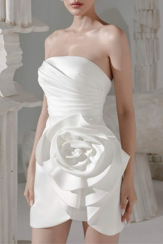 APPLIQUÉD SATIN MINI DRESS IN WHITE