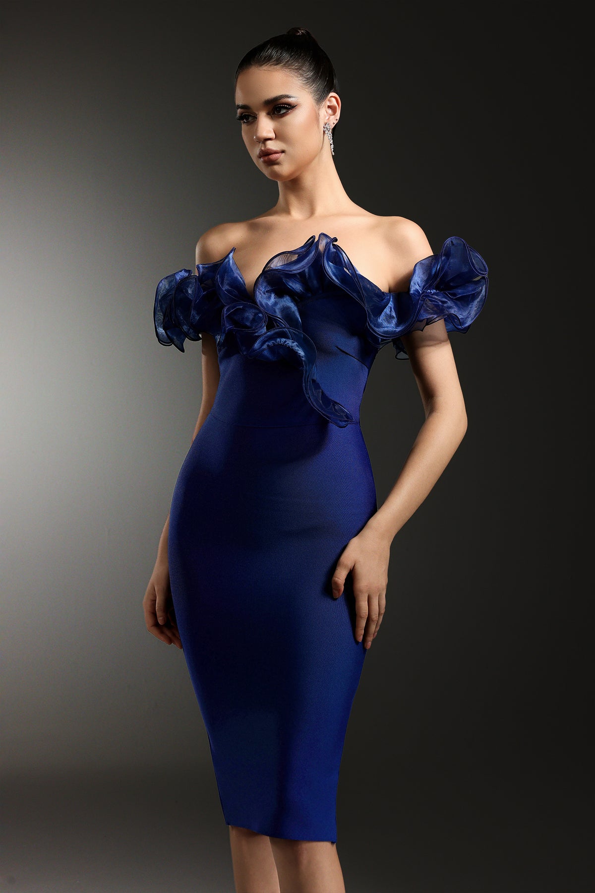 alisa Off-Shoulder Flounce Bandage Blue Midi Dress