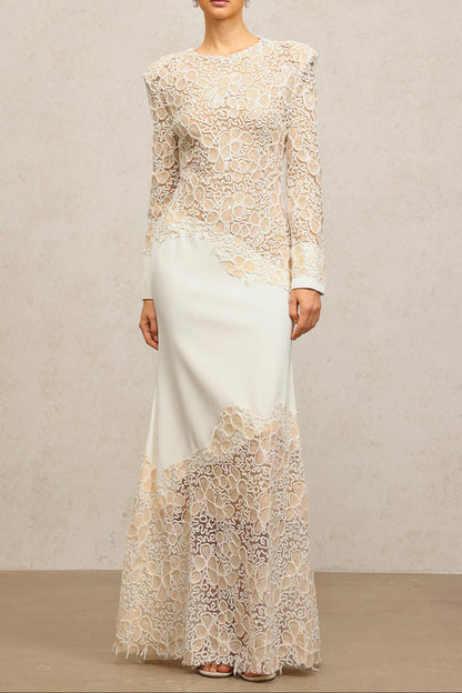 jacqueline Beige lace Embroidered long sleeve Mermaid Maxi Dress