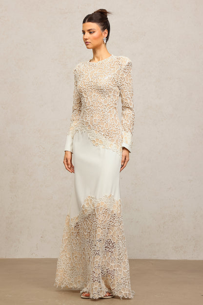 jacqueline Beige lace Embroidered long sleeve Mermaid Maxi Dress