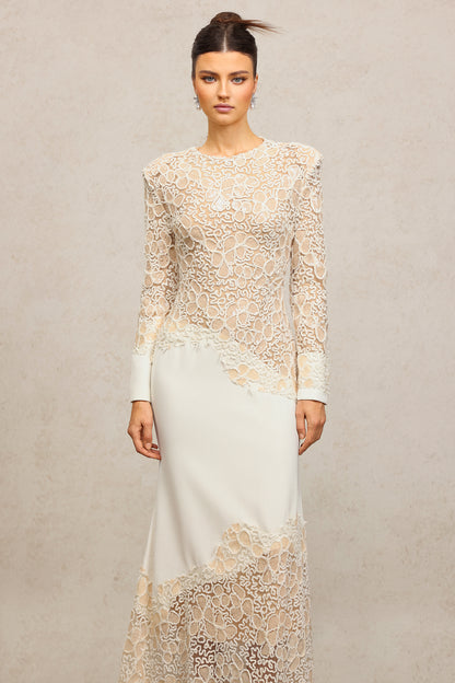 jacqueline Beige lace Embroidered long sleeve Mermaid Maxi Dress