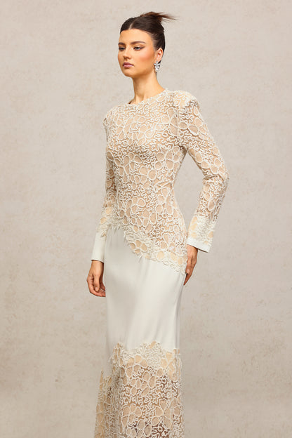 jacqueline Beige lace Embroidered long sleeve Mermaid Maxi Dress