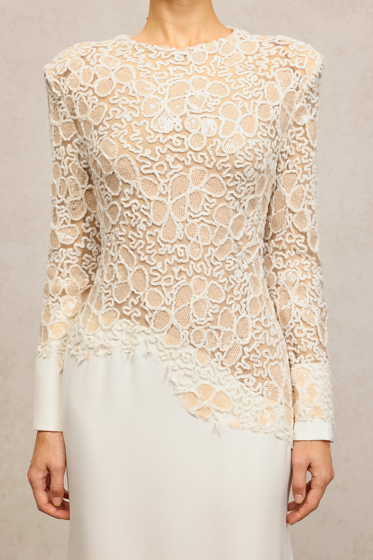 jacqueline Beige lace Embroidered long sleeve Mermaid Maxi Dress