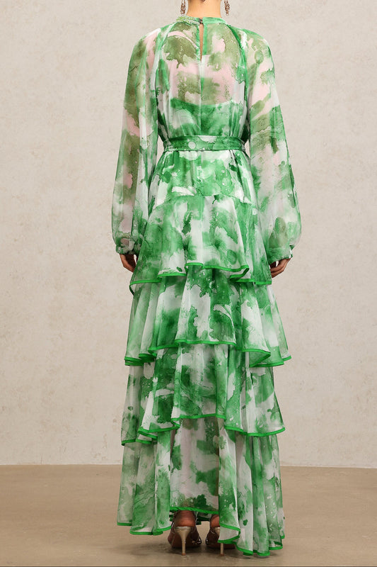 Jolie Round Neck Long Sleeves Floral Printed Folds Green Maxi Dress