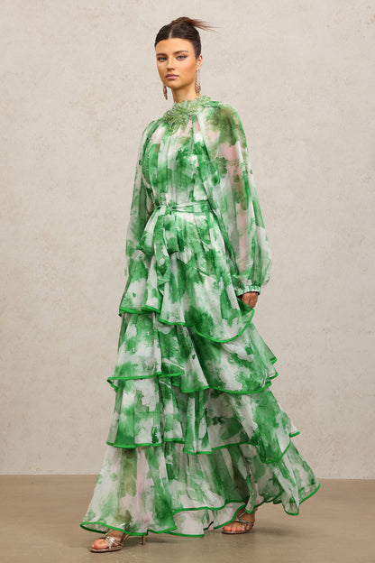 Jolie Round Neck Long Sleeves Floral Printed Folds Green Maxi Dress