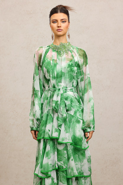 Jolie Round Neck Long Sleeves Floral Printed Folds Green Maxi Dress