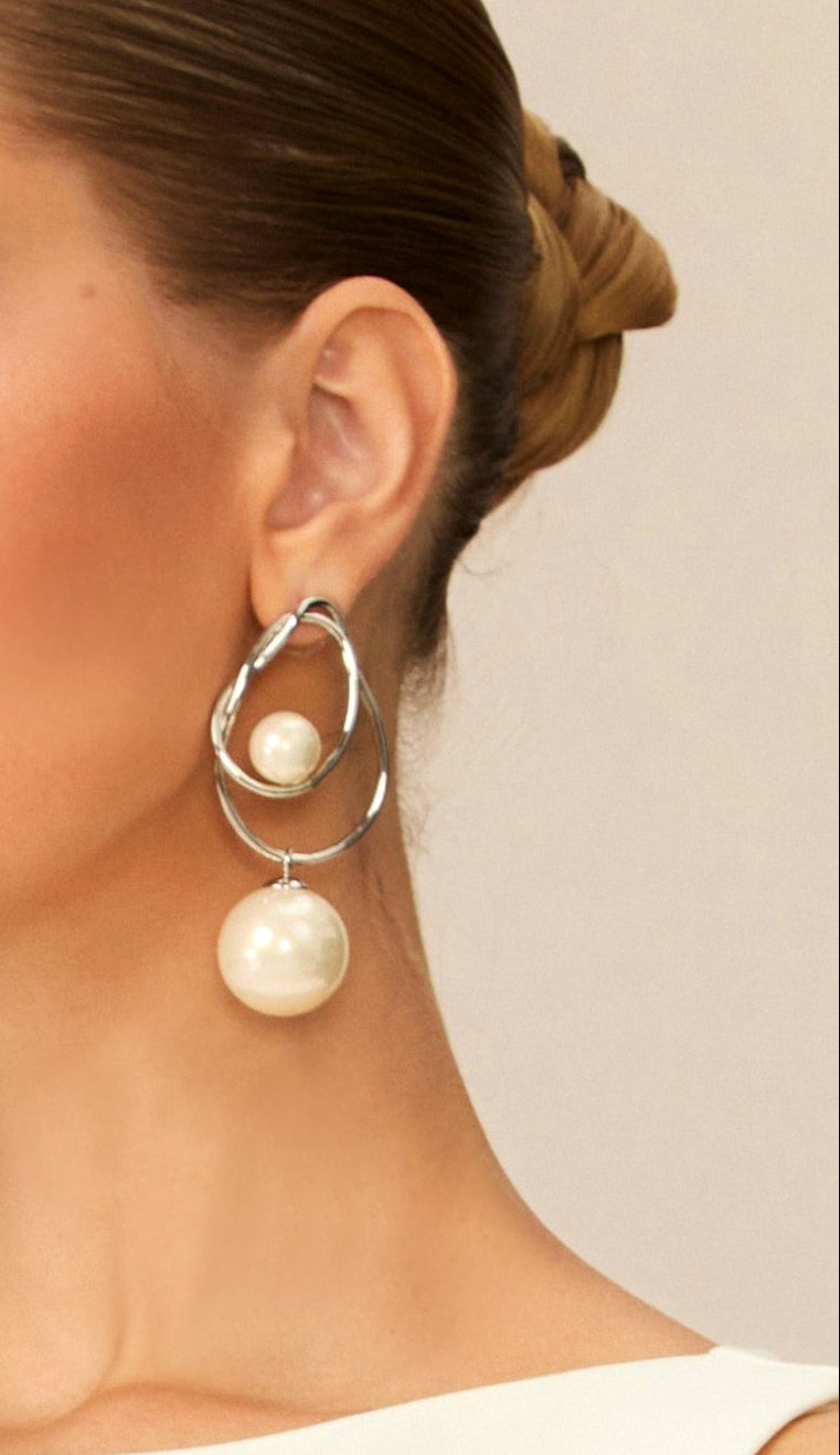 Double Irregular Twisted Hoop Two-Size Pearl Drop Silver Earrings