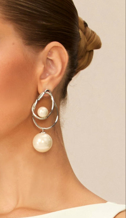Double Irregular Twisted Hoop Two-Size Pearl Drop Silver Earrings