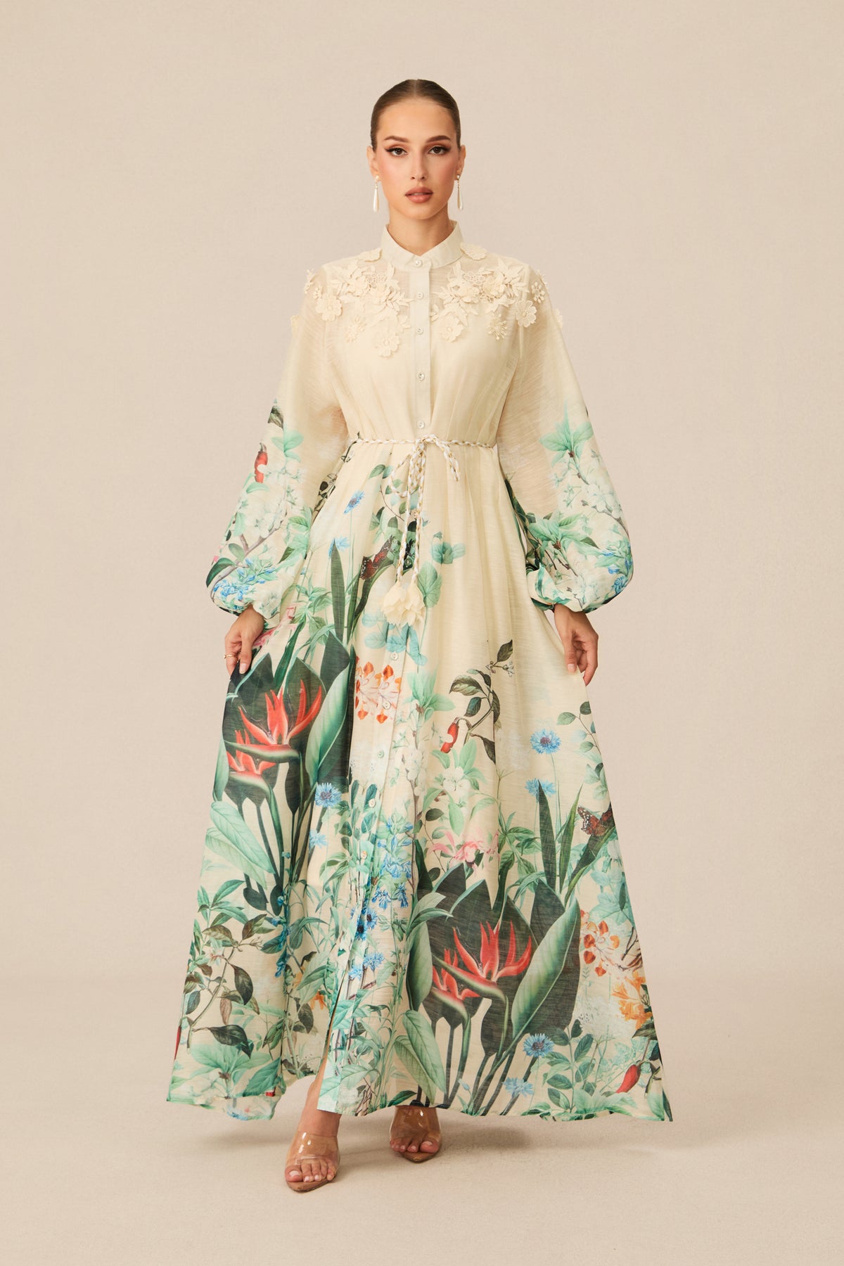 Cream Tropical Floral 3D Lace Collar Balloon Sleeve Tassel Tie Waist Maxi Shirt Dress