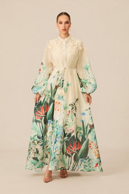 Cream Tropical Floral 3D Lace Collar Balloon Sleeve Tassel Tie Waist Maxi Shirt Dress