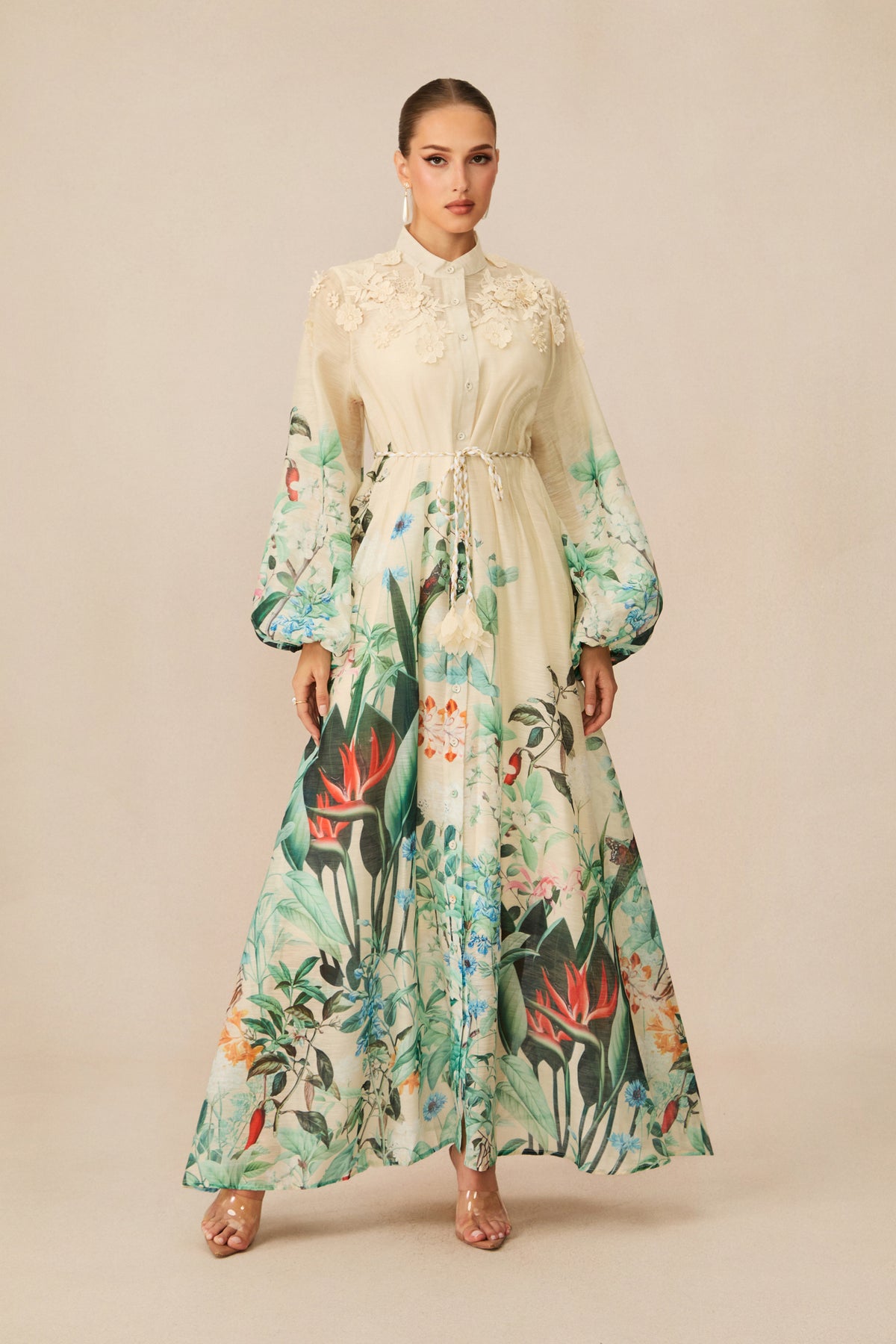 Cream Tropical Floral 3D Lace Collar Balloon Sleeve Tassel Tie Waist Maxi Shirt Dress