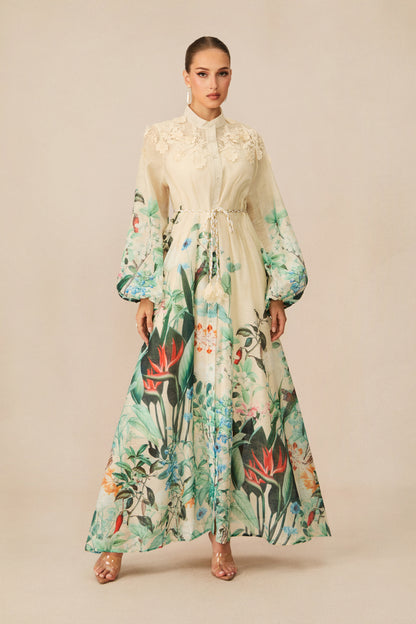 Cream Tropical Floral 3D Lace Collar Balloon Sleeve Tassel Tie Waist Maxi Shirt Dress