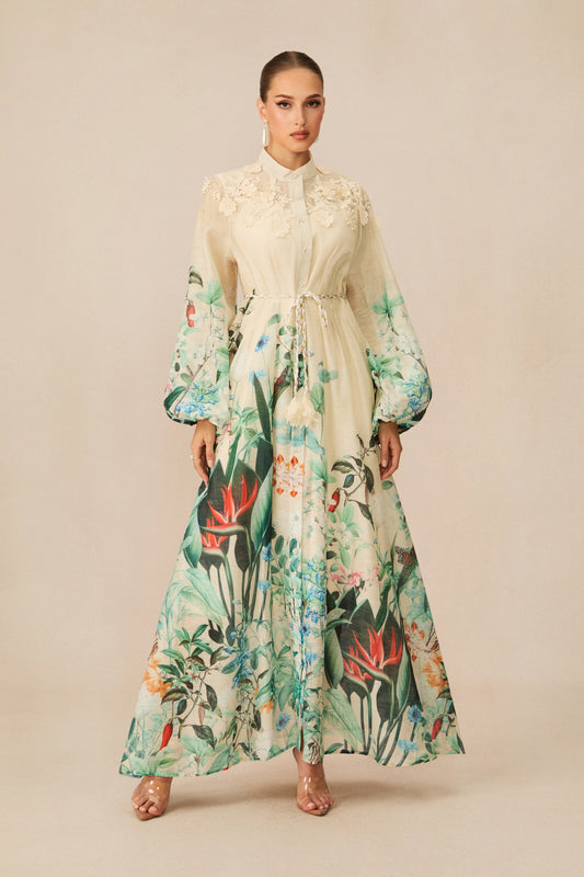 Cream Tropical Floral 3D Lace Collar Balloon Sleeve Tassel Tie Waist Maxi Shirt Dress
