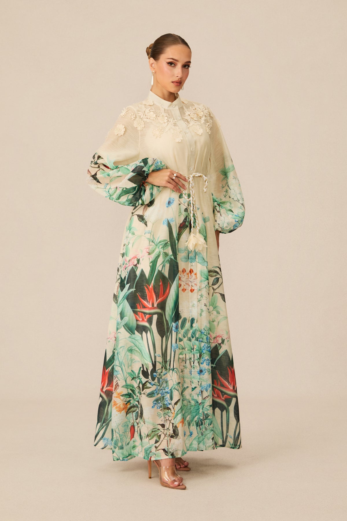 Cream Tropical Floral 3D Lace Collar Balloon Sleeve Tassel Tie Waist Maxi Shirt Dress
