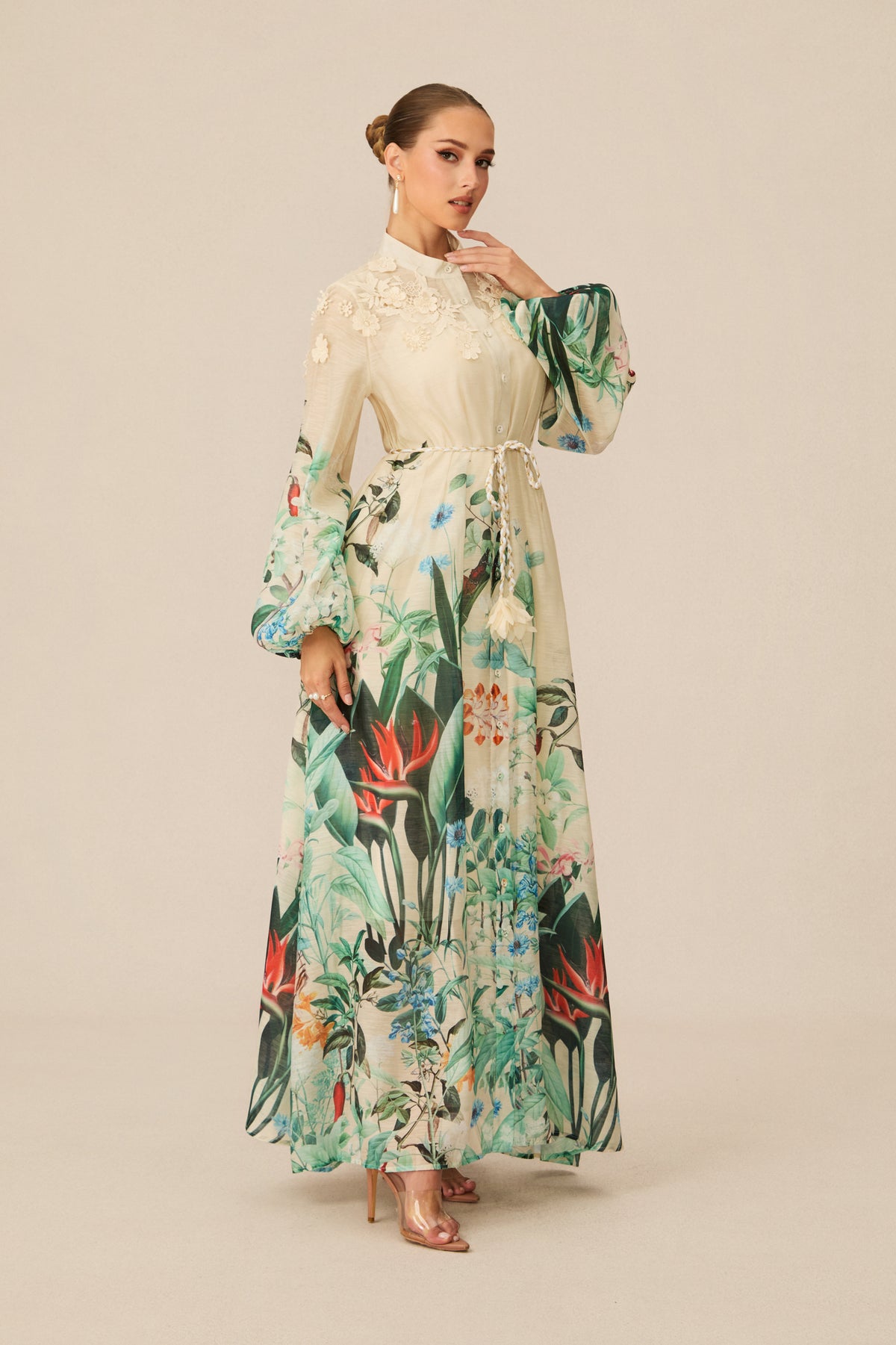 Cream Tropical Floral 3D Lace Collar Balloon Sleeve Tassel Tie Waist Maxi Shirt Dress
