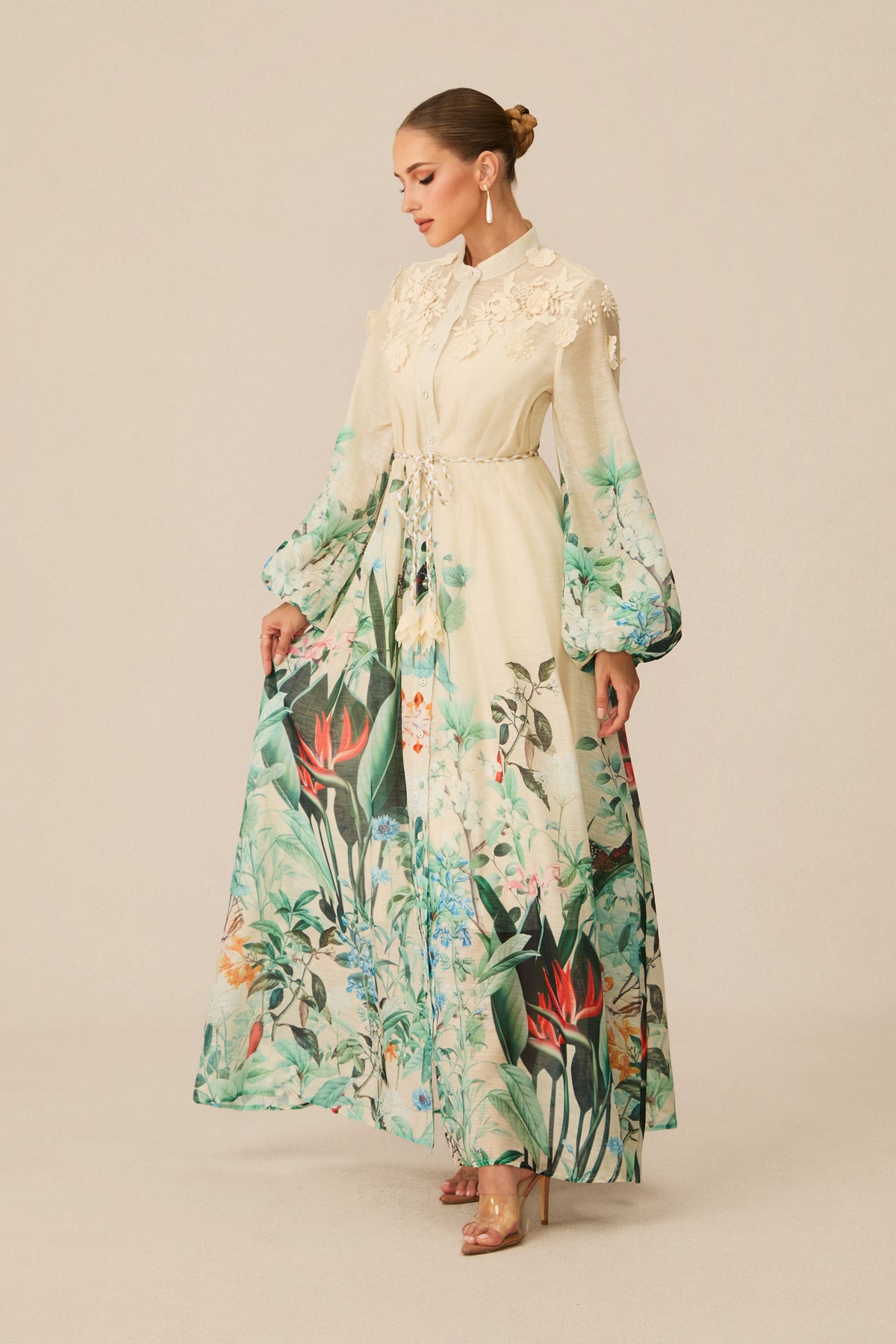 Cream Tropical Floral 3D Lace Collar Balloon Sleeve Tassel Tie Waist Maxi Shirt Dress