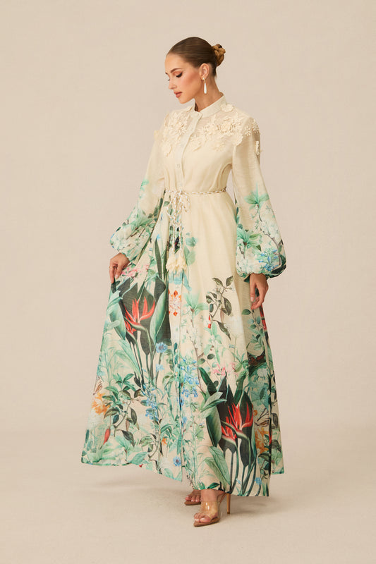 Cream Tropical Floral 3D Lace Collar Balloon Sleeve Tassel Tie Waist Maxi Shirt Dress