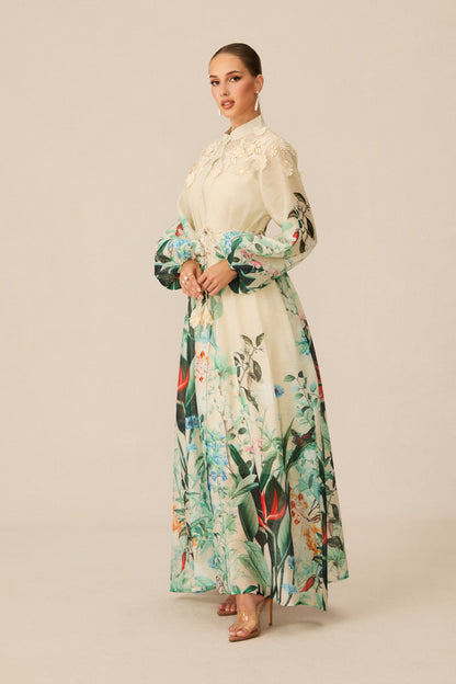 Cream Tropical Floral 3D Lace Collar Balloon Sleeve Tassel Tie Waist Maxi Shirt Dress
